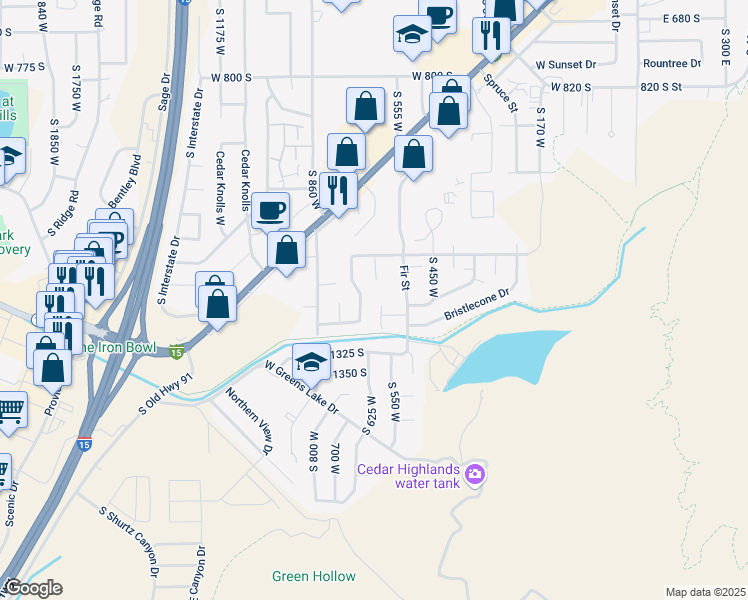 map of restaurants, bars, coffee shops, grocery stores, and more near 1265 Pinewood Way in Cedar City
