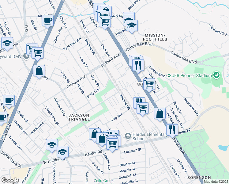 map of restaurants, bars, coffee shops, grocery stores, and more near 586 Berry Avenue in Hayward