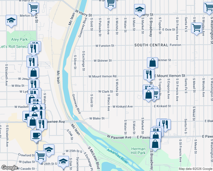 map of restaurants, bars, coffee shops, grocery stores, and more near 2039 South Waco Avenue in Wichita