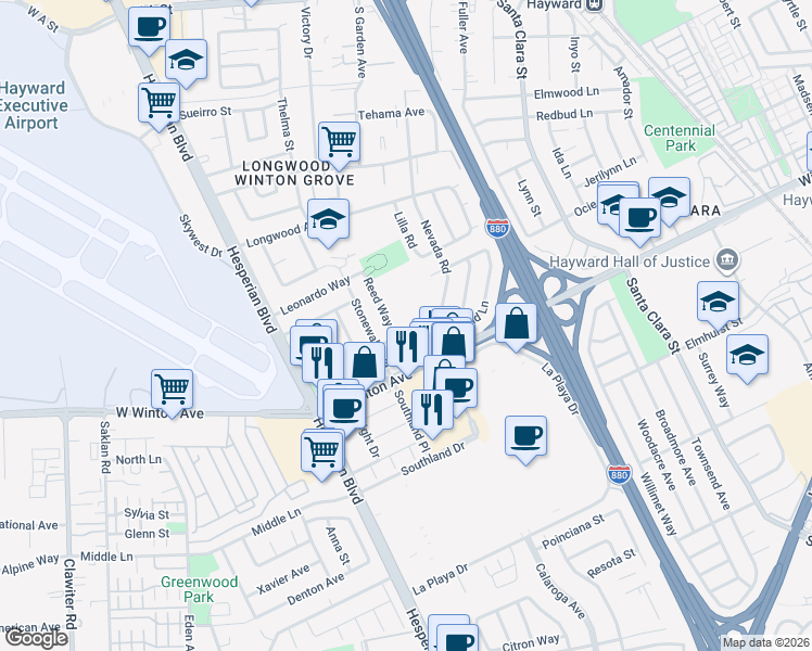 map of restaurants, bars, coffee shops, grocery stores, and more near 23735 Nevada Road in Hayward