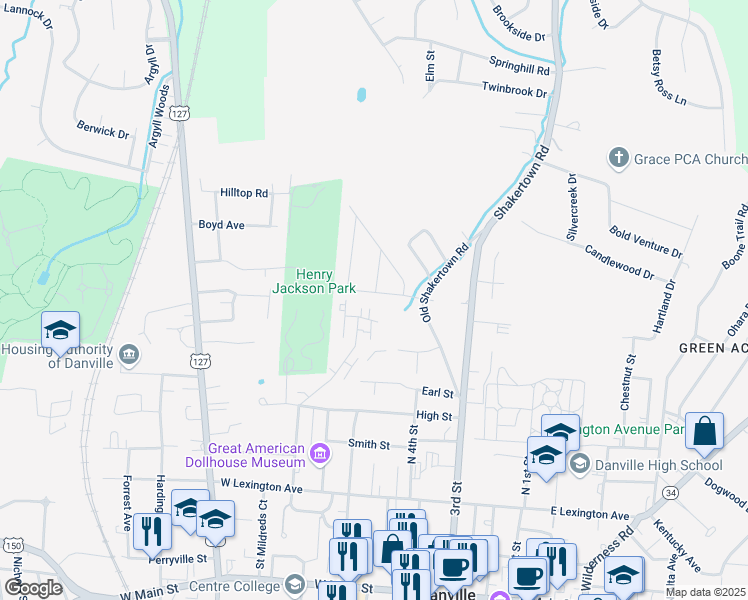 map of restaurants, bars, coffee shops, grocery stores, and more near 363 Mark Avenue in Danville