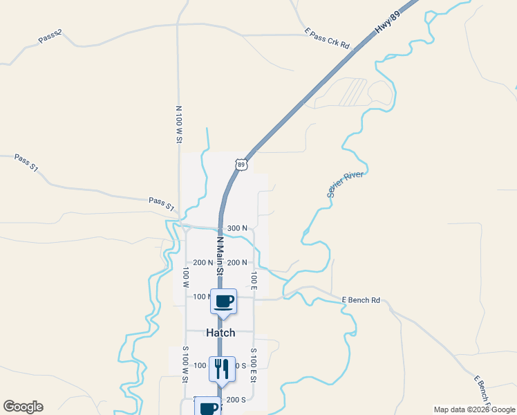 map of restaurants, bars, coffee shops, grocery stores, and more near 360 North 100 East Street in Hatch