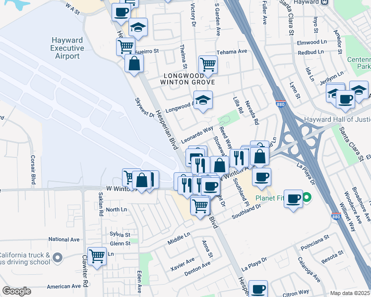map of restaurants, bars, coffee shops, grocery stores, and more near 992 Leonardo Way in Hayward