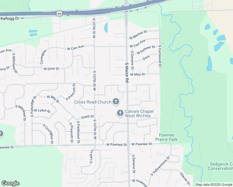 map of restaurants, bars, coffee shops, grocery stores, and more near 10521 West Jewell Court in Wichita