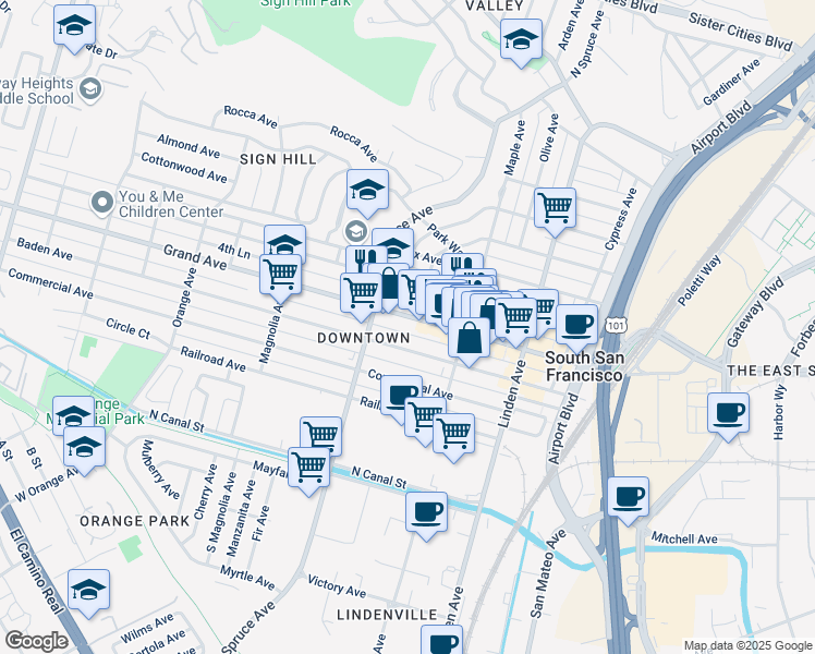 map of restaurants, bars, coffee shops, grocery stores, and more near 453 East Grand Avenue in South San Francisco