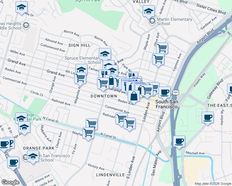 map of restaurants, bars, coffee shops, grocery stores, and more near 455 Grand Avenue in South San Francisco