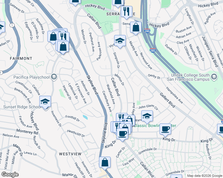 map of restaurants, bars, coffee shops, grocery stores, and more near 37 Wakefield Avenue in Daly City
