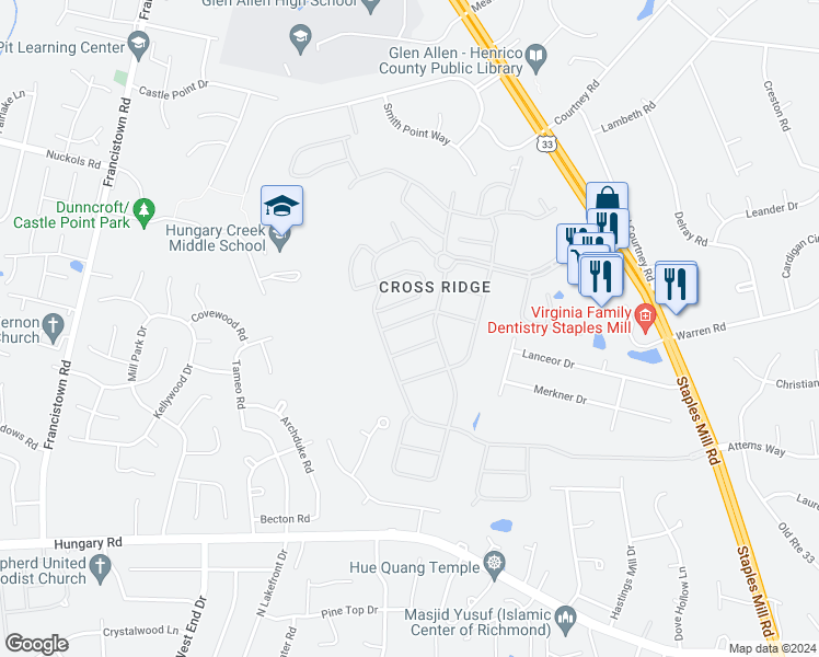 map of restaurants, bars, coffee shops, grocery stores, and more near 3513 Gwynn's Place in Glen Allen