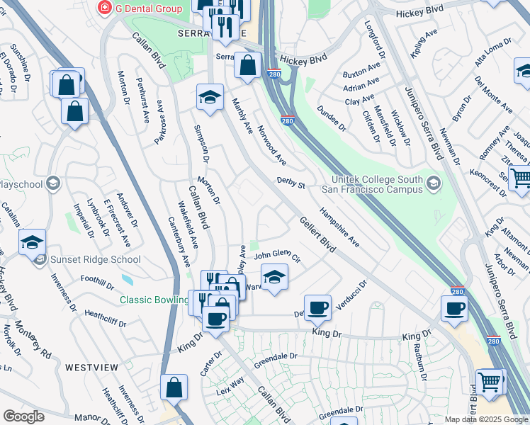 map of restaurants, bars, coffee shops, grocery stores, and more near 21 Lycett Cir in Daly City