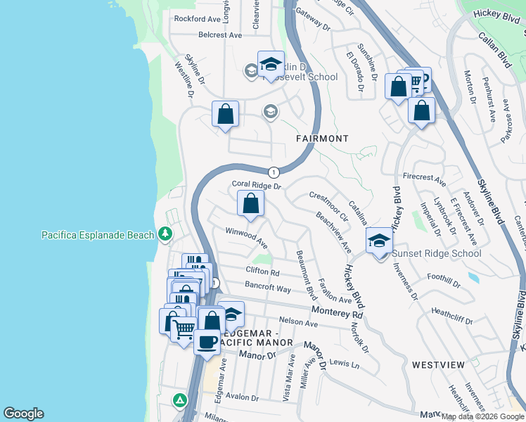 map of restaurants, bars, coffee shops, grocery stores, and more near 331 Beaumont Blvd in Pacifica