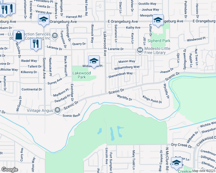 map of restaurants, bars, coffee shops, grocery stores, and more near 1008 Lakewood Avenue in Modesto