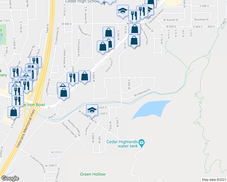 map of restaurants, bars, coffee shops, grocery stores, and more near 1265 Pinewood Way in Cedar City