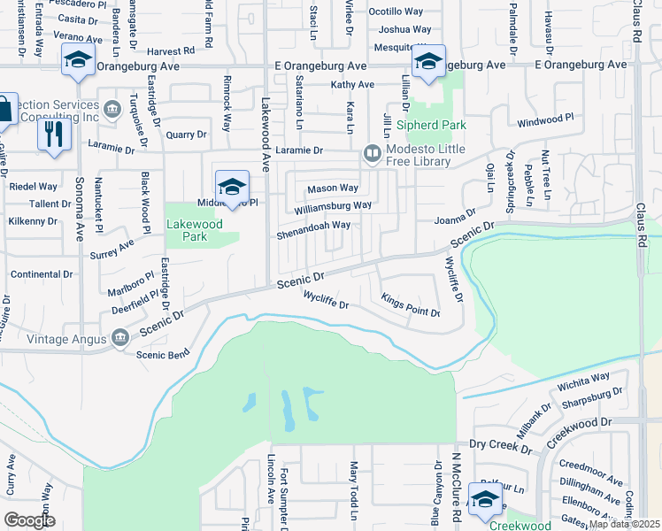 map of restaurants, bars, coffee shops, grocery stores, and more near 3125 Scenic Drive in Modesto