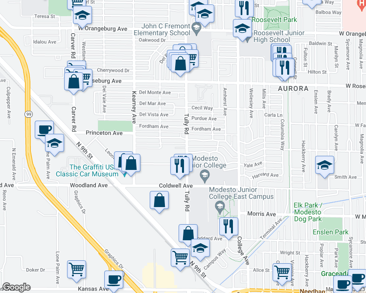 map of restaurants, bars, coffee shops, grocery stores, and more near 1302 Princeton Avenue in Modesto