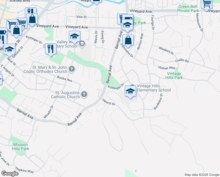 map of restaurants, bars, coffee shops, grocery stores, and more near 1121 Kottinger Drive in Pleasanton