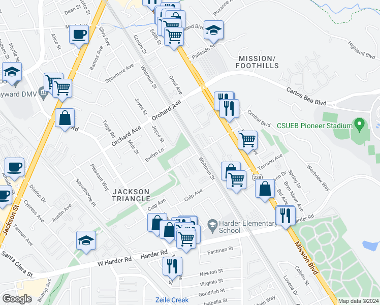map of restaurants, bars, coffee shops, grocery stores, and more near 600 - 619 Berry Avenue in Hayward