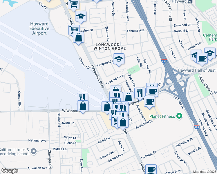 map of restaurants, bars, coffee shops, grocery stores, and more near 992 Leonardo Way in Hayward