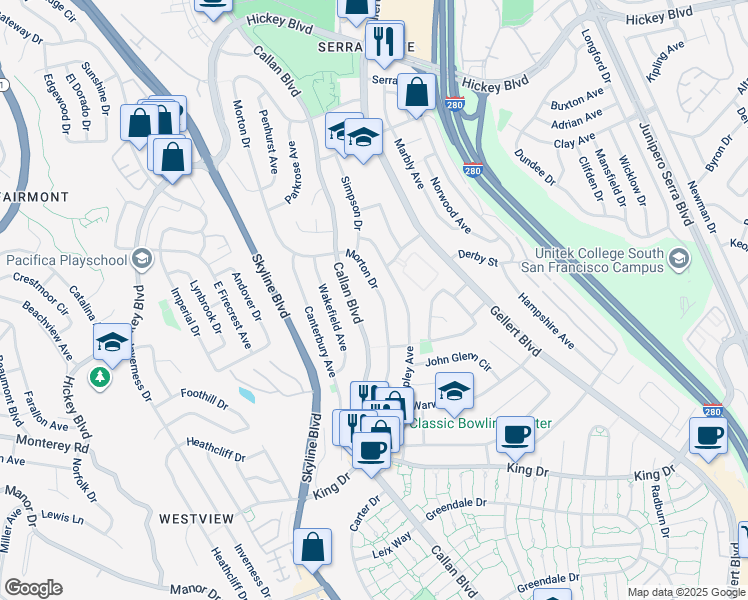 map of restaurants, bars, coffee shops, grocery stores, and more near 244 Morton Drive in Daly City