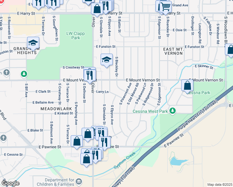 map of restaurants, bars, coffee shops, grocery stores, and more near 5119 Gramar Street in Wichita