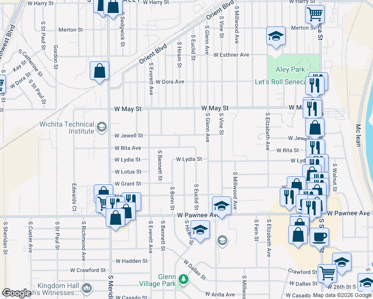 map of restaurants, bars, coffee shops, grocery stores, and more near 1937 West Rita Avenue in Wichita