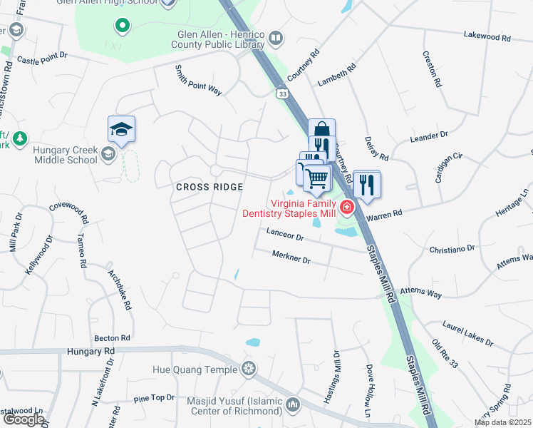 map of restaurants, bars, coffee shops, grocery stores, and more near 3449 Fitchetts Lane in Glen Allen