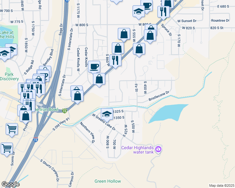 map of restaurants, bars, coffee shops, grocery stores, and more near 1247 Sundown Circle in Cedar City