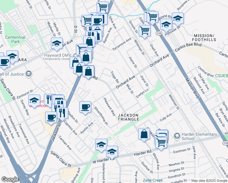 map of restaurants, bars, coffee shops, grocery stores, and more near 24920 Soto Road in Hayward