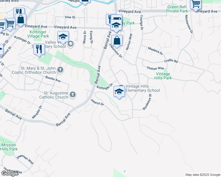 map of restaurants, bars, coffee shops, grocery stores, and more near 1159 Kottinger Drive in Pleasanton