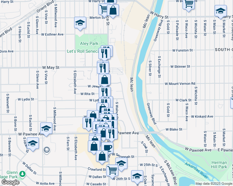 map of restaurants, bars, coffee shops, grocery stores, and more near 913 West Rita Street in Wichita