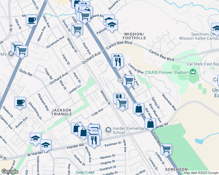 map of restaurants, bars, coffee shops, grocery stores, and more near 25212 Parklane Drive in Hayward