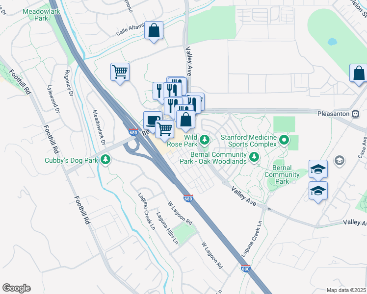 map of restaurants, bars, coffee shops, grocery stores, and more near 1612 Lexington Lane in Pleasanton