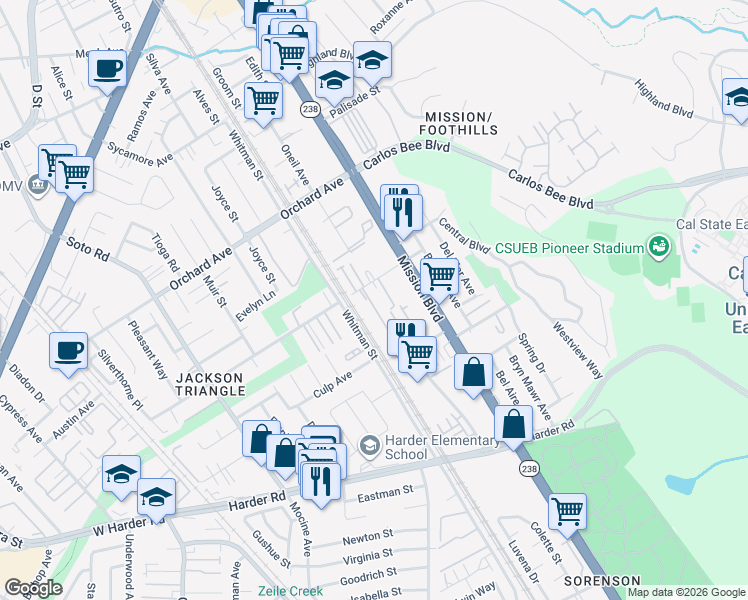 map of restaurants, bars, coffee shops, grocery stores, and more near 25218 Parklane Drive in Hayward