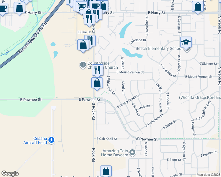 map of restaurants, bars, coffee shops, grocery stores, and more near 2052 South White Oak Drive in Wichita