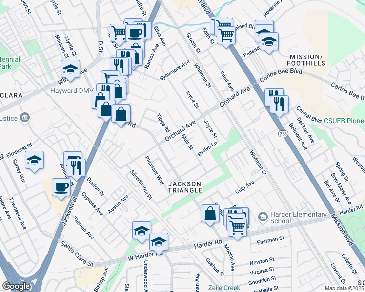 map of restaurants, bars, coffee shops, grocery stores, and more near 24983 Muir Street in Hayward