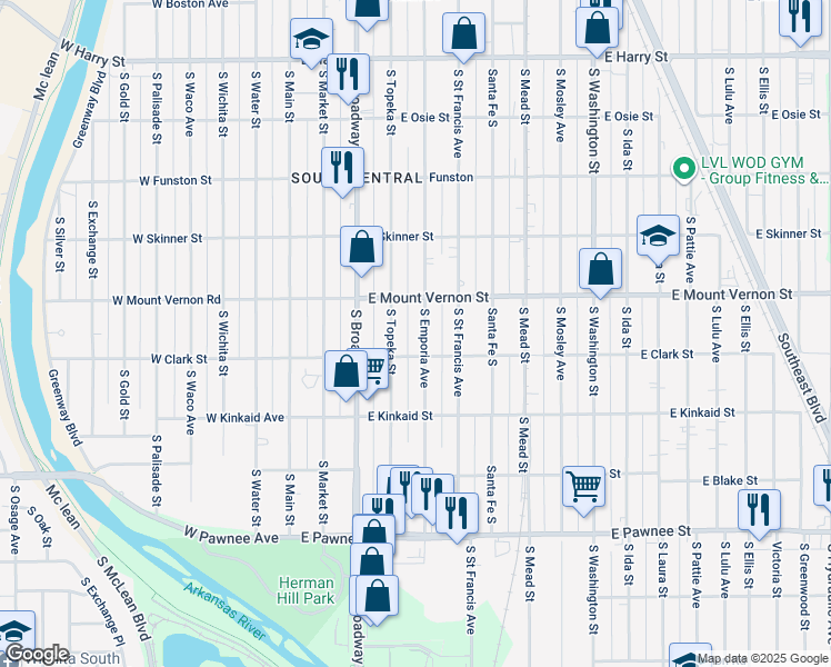 map of restaurants, bars, coffee shops, grocery stores, and more near 2037 South Emporia Street in Wichita