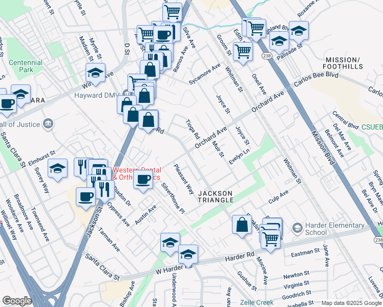 map of restaurants, bars, coffee shops, grocery stores, and more near 24920 Soto Road in Hayward