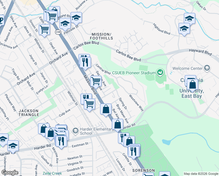 map of restaurants, bars, coffee shops, grocery stores, and more near 25546 Del Mar Avenue in Hayward