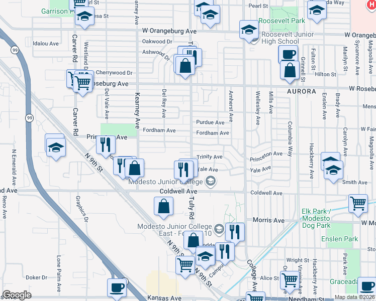 map of restaurants, bars, coffee shops, grocery stores, and more near 805 Tully Road in Modesto
