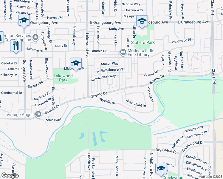 map of restaurants, bars, coffee shops, grocery stores, and more near 3125 Scenic Drive in Modesto