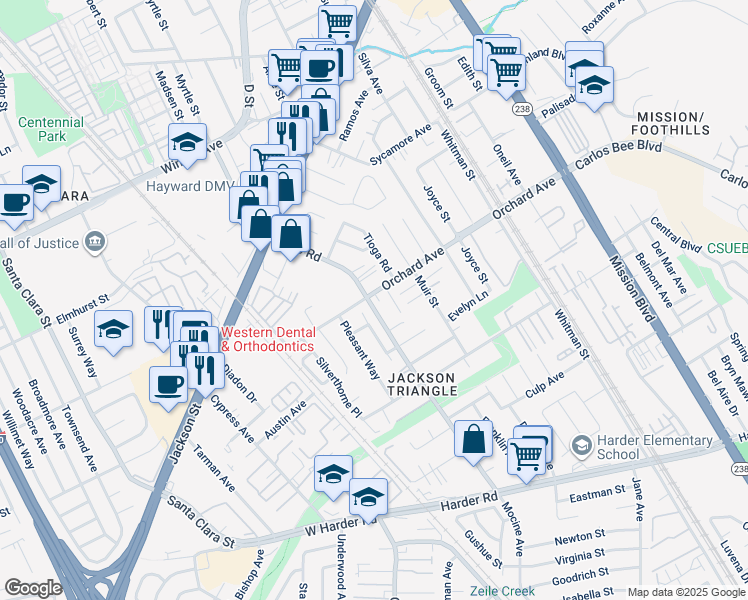 map of restaurants, bars, coffee shops, grocery stores, and more near 24920 Soto Road in Hayward