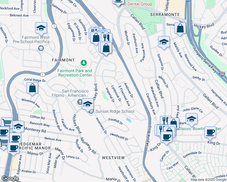 map of restaurants, bars, coffee shops, grocery stores, and more near 416 Lynbrook Drive in Pacifica