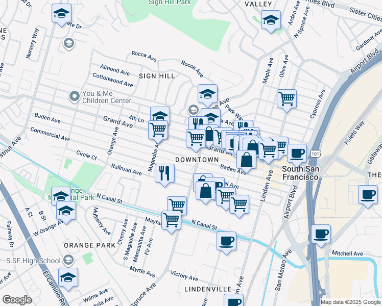 map of restaurants, bars, coffee shops, grocery stores, and more near in South San Francisco