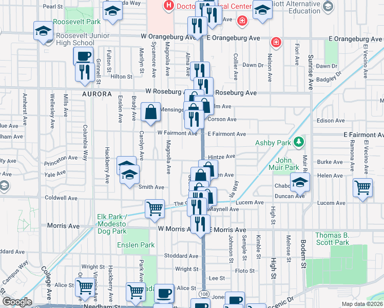 map of restaurants, bars, coffee shops, grocery stores, and more near 125 Griswold Avenue in Modesto
