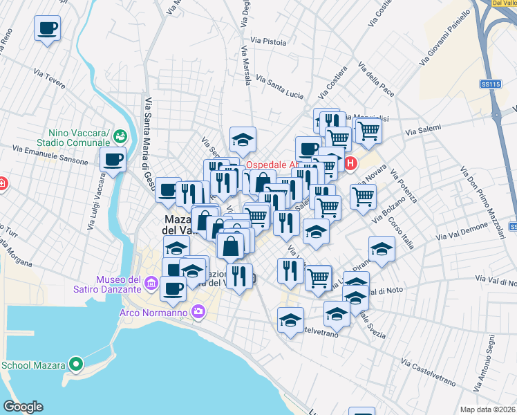 map of restaurants, bars, coffee shops, grocery stores, and more near 8 Via N. Urso in Mazara del Vallo