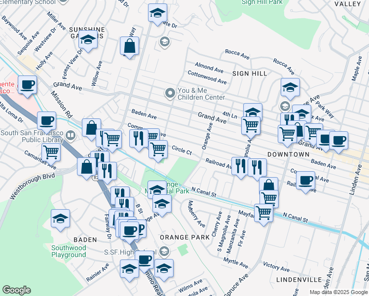 map of restaurants, bars, coffee shops, grocery stores, and more near 736 Circle Court in South San Francisco