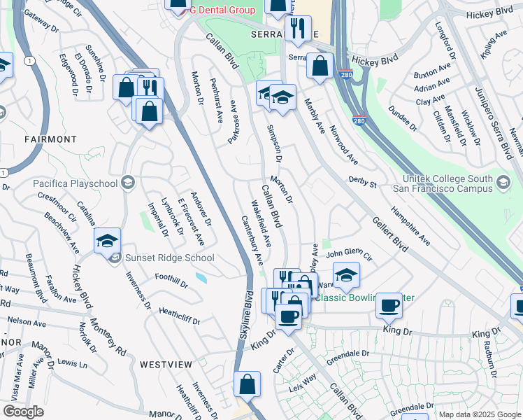 map of restaurants, bars, coffee shops, grocery stores, and more near 37 Wakefield Avenue in Daly City