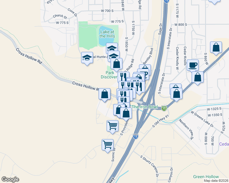 map of restaurants, bars, coffee shops, grocery stores, and more near 2052 Cross Hollow Road in Cedar City