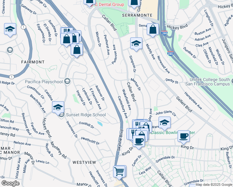 map of restaurants, bars, coffee shops, grocery stores, and more near 34 Canterbury Avenue in Daly City