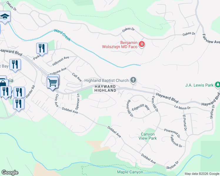map of restaurants, bars, coffee shops, grocery stores, and more near 27208 Hayward Boulevard in Hayward