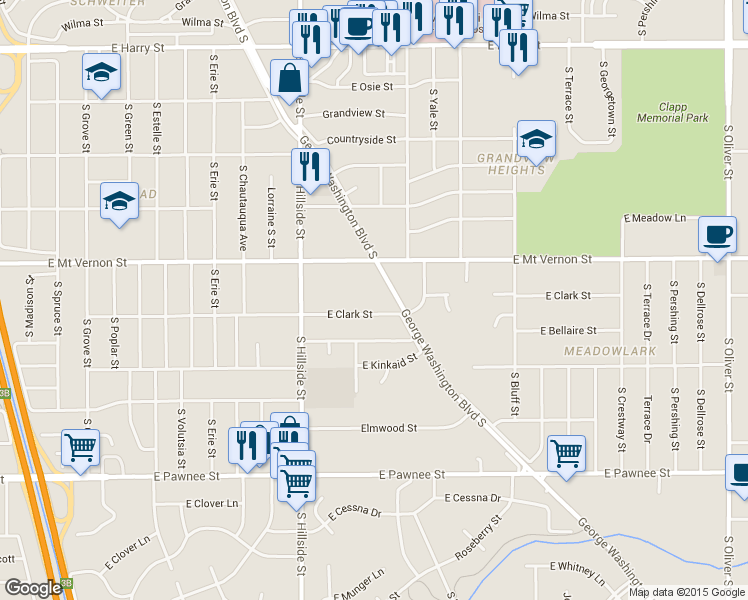 map of restaurants, bars, coffee shops, grocery stores, and more near 3410 East Clark Street in Wichita